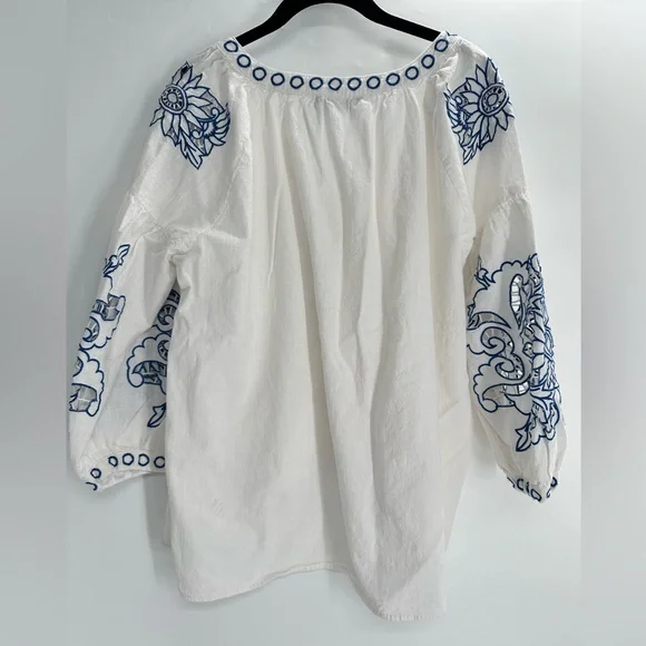 Anthropologie RD + Koko White Linen Blend Boho Blouse Embroidered Peasant Top - Picture 4 of 8